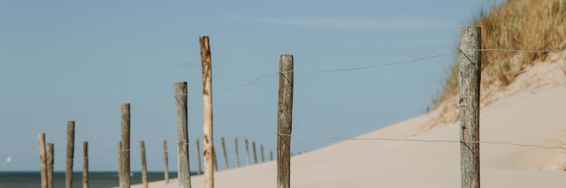 Houten hek van paaltjes op het strand van Egmond aan Zee met op de achtergrond het duin op een mooie zomerse dag met blauwe lucht